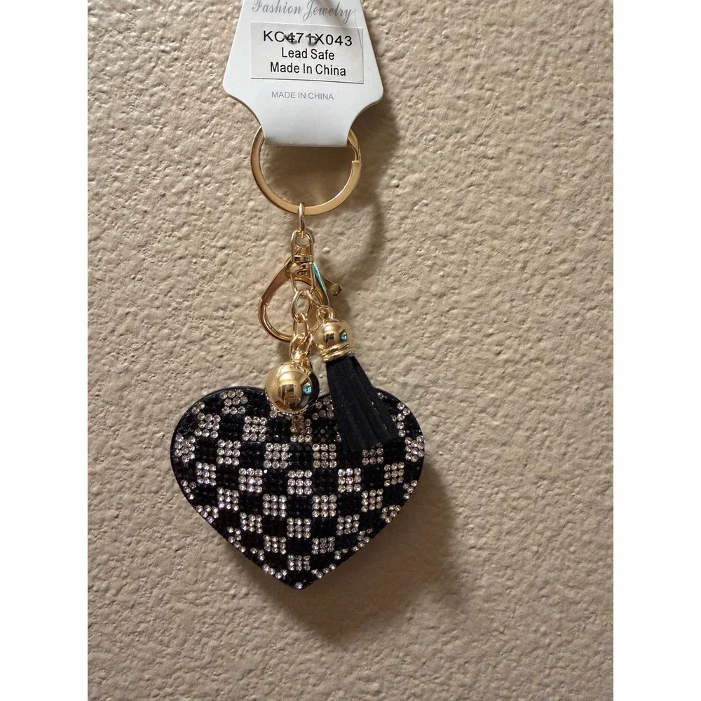Black White Checkered Rhinestone Heart Keychain Tassel Gold Bell KC471X043